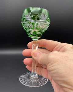 Vintage Bohemian Emerald Green Cut to Clear Crystal Wine Glass/Goblet Hock Stem - Picture 1 of 5