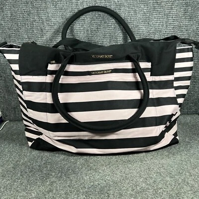 Victoria Secret Black Pink Striped Duffle Travel Beach Bag New - Image 1 of 4