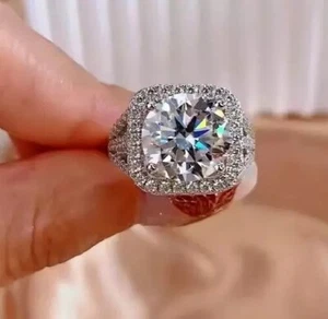 3.80Ct Round Cut E-F VVS1 Moissanite 14k White Gold Plated Halo Engagement Ring - Picture 1 of 4