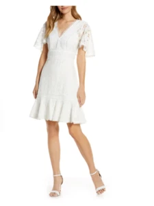 ELIZA J Ivory White Floral Lace V-Neck Short Flutter Sleeve Flounce Dress 16 XL - Picture 1 of 5