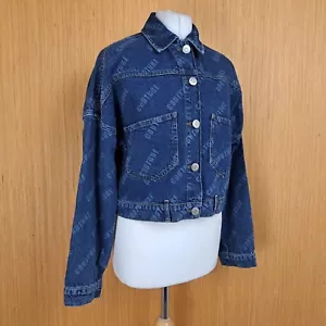 River Island Denim Jacket Loosefit Trucker Style Couture Print Womens Small - Picture 1 of 10