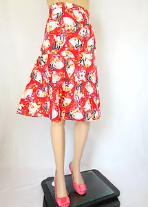 Women Vtg Retro Red 90s Cotton Casual Chinese Print Festival Skirt sz 16-18 AP95 - Picture 1 of 8