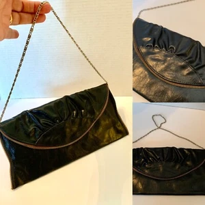 Vintage black Faux leather zippered envelope Crossbody purse edgy Goth rocker - Picture 1 of 12