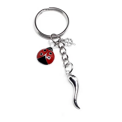 Portachiavi in acciaio portafortuna coccinella rossa quadrifoglio corno cornetto - Immagine 1 di 4