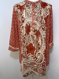 Soft Surroundings Women's PM Tunic Peach Pleated Hawaiian Tribal Floral Light - Picture 1 of 8