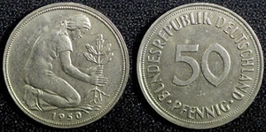 Germania-Repubblica Federale Rame-Nichel 1950 J 50 Pfennig Amburgo KM# 109,1 (3) - Foto 1 di 3