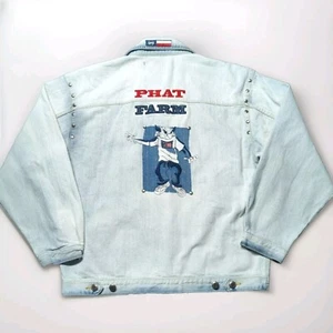 Vintage Phat Farm Denim Jacket New York Bull Logo Embroidered Size XL 18-20 - Picture 1 of 11