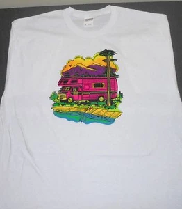 VINTAGE IRON-ON NEW T-SHIRT XL -X LARGE "NEON" CAMPER W/ MOUNTAINS AND RIVER - Picture 1 of 3