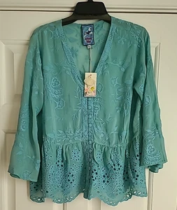 Johnny Was Green Cupra Rayon 3/4 Sleeve Embroidered Top Size L New Eyelet Lace - Picture 1 of 8