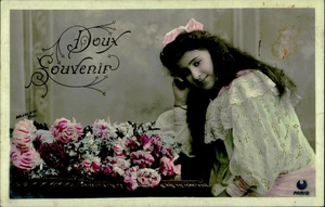 Antique French Divided Back Postcard 'Doux Souvenir' Hand-Tinted 1910s - Picture 1 of 2