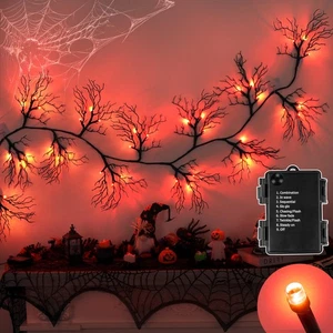 6 Fuß Halloween schwarze Girlande Weide Rebe Zweig Dekor mit orangem Licht, 8 Modi... - Bild 1 von 7