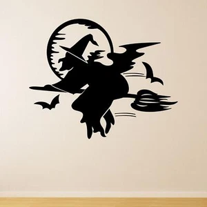 Bruja en escoba frente a Moon Halloween Sticker Vinilo de transferencia de calcomanías de pared - Imagen 1 de 36