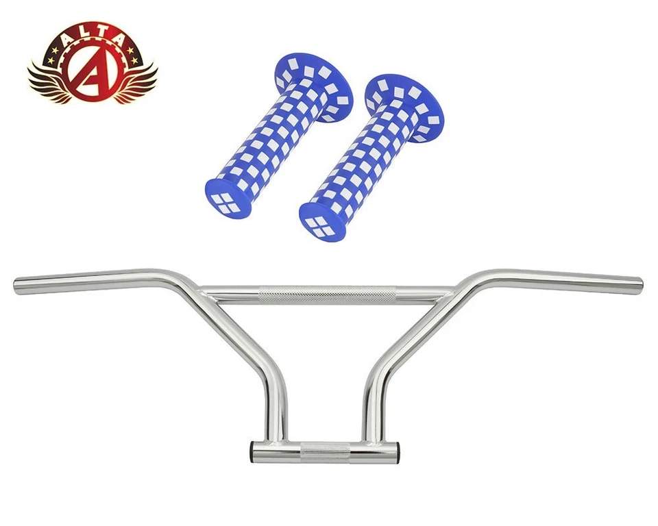ALTA 4-Piece BMX Handlebar Old School Classic Chrome W/124mm CHECKERED BMX GRIPS - Image 1 of 1