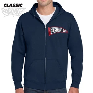 Boston Vintage Baseball Pennant Navy Classic Full Zip Hoodie - Red Sox Mlb ZipUp - Picture 1 of 3