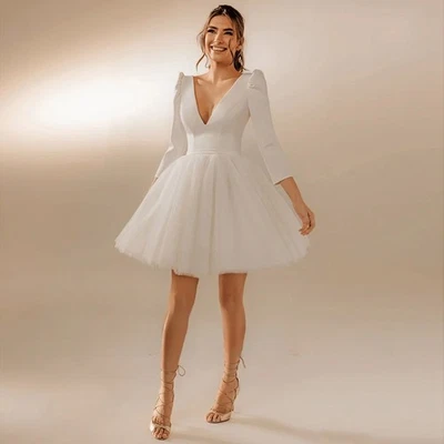 White Mini Wedding Dress 3/4 Sleeves Deep V Neck Tulle A Line Simple Bridal Gown - Image 1 of 4