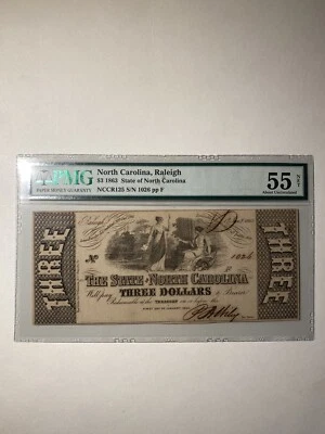 State Of North Carolina Raleigh NC $3 1863 About Uncirculated - Image 1 of 2