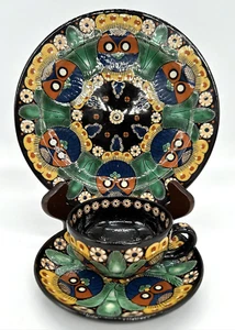 3 Pc Antique Thoune Faience Owl Plate Cup Saucer Majolica H/painted Swiss 19th c - Photo 1/10