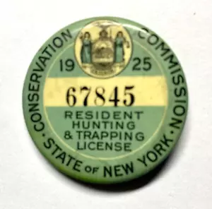 1925 NY New York Resident HUNTING & TRAPPING LICENSE BUTTON - No. 67845 - Picture 1 of 2