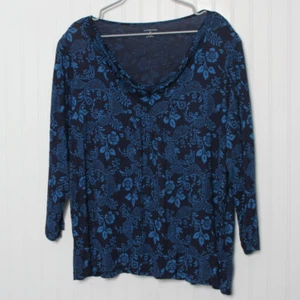 Lands' End blau Blumen lange elastische Ärmel Wasserfallausschnitt Schulterpolster Lyocell Top 3x - Bild 1 von 9