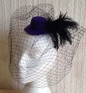 Schwarz Schleier Feder Lila Mini Zylinder Hut Fascinator Millinery Hochzeit Party - Bild 1 von 3
