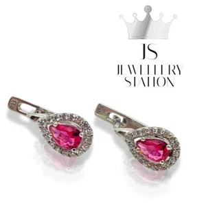 White gold finish fushia ruby & created diamond pear cut earrings - Picture 1 of 4