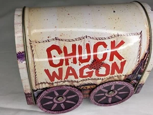 Cowboy Pioneer Prairie Schooner Chuck Wagon Metal Food Tin Western Litho Art - Picture 1 of 6