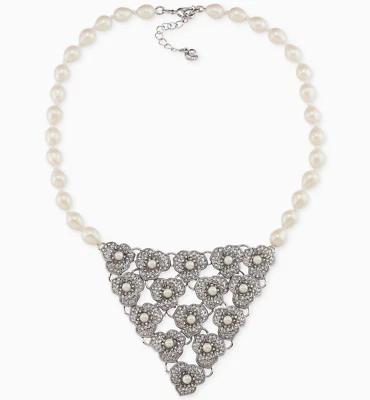 New CAROLEE Floral Bib Necklace in White Freshwater Pearl / Silver-Tone $110 - Image 1 of 4