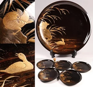 Japanese Lacquer Set of 5 Plate 9.76inch Gold Flowing Water&Birds Meiji Era 19th - Picture 1 of 21