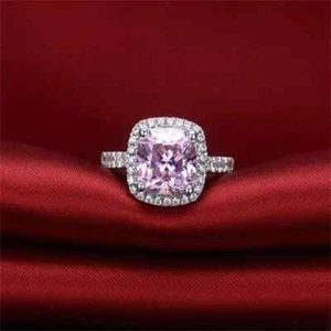 2Ct Cushion Lab Created Pink Sapphire Halo Engagement Ring 14K White Gold Plated - Picture 1 of 4