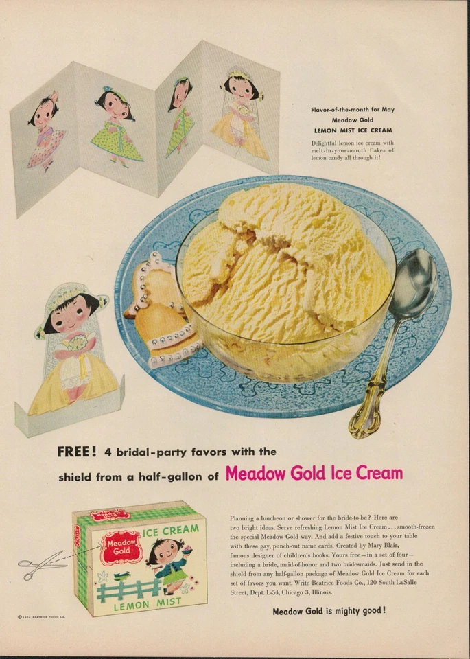 Anuncio impreso vintage Meadow Gold Ice Cream 1954, Beatrice Foods Co. (L5) Foto 1 de 3