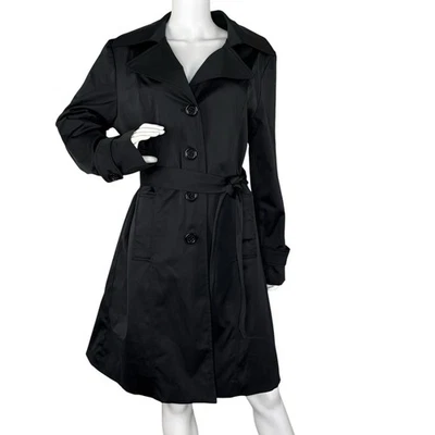 NINE WEST Trench 雨衣纽扣腰带及膝黑色 L 码 — 第 1/4 张图片