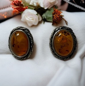 Vintage Ohrstecker Honig Baltischer Bernstein Sterlingsilber Cabochon - Bild 1 von 5