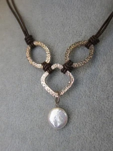 Beautiful brown leather & sterling silver 16-18" long necklace real coin pearl - Picture 1 of 4