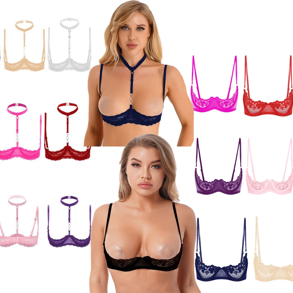 US Women's Lace Brassiere 1/4 Cups Tops Bare Exposed Breast Bra Breathable Bras - Image 1 of 1