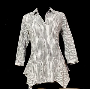 Cut Loose Lagenlook Shirt White Gray Stripe High Low Tunic 3/4 Sl Unique Work XS - Picture 1 of 8