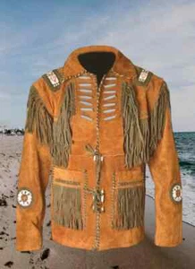 Herren Western Wildleder Lederjacke Indianer Perlen Fransen Cowboy Jacke - Bild 1 von 3