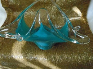 MURANO Art Glass Turquoise/Clear Sparkling Modern Design Coffee Table Candy Dish - Picture 1 of 4