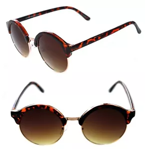 Men's Women's Half Shell Sunglasses Soho Horn Rimmed Brown Round Shape Frame 80s - Picture 1 of 10