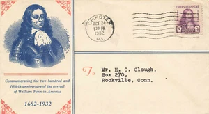 1932 Chester PA William Penn 3¢ First Day Cover #724 - Picture 1 of 2
