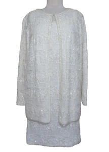 Vintage LAURENCE KAZAR  2 PC Beaded White Dress & Jacket Set Suit M/L Women - Picture 1 of 10