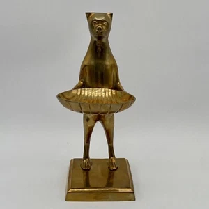 Vintage Brass Anthropomorphic Feline Cat Butler Sculpture Shell Valet Tray - Picture 1 of 10