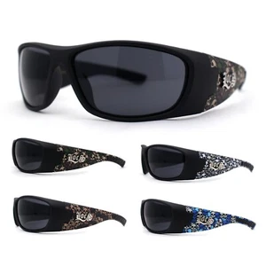 Locs Wrap Around Rectangle Thick Arm Gangster Skull Print Sunglasses - Picture 1 of 17