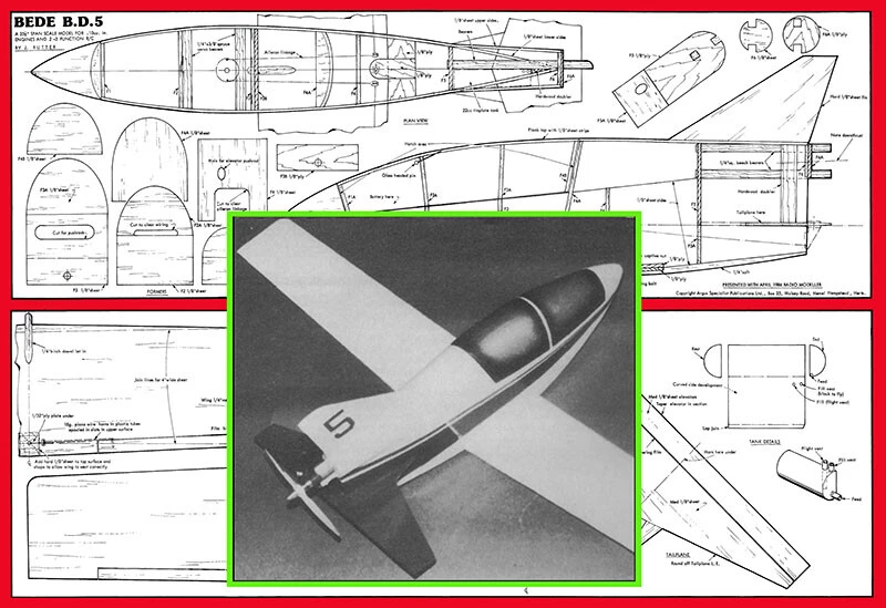 Model Airplane Plans (RC): Bede BD-5 36" Scale Full-Slope or ½A Power  - Image 1 of 4