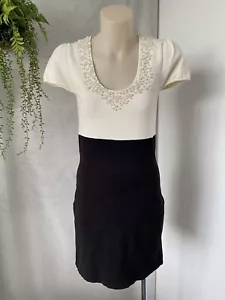 Forever New Pearls Knit Dress 10 Black Ivory Cream Stretchy Bodycon Classic Work - Picture 1 of 5