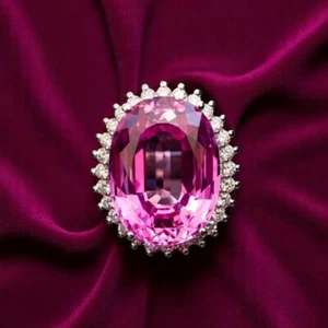 Lab Grown Pink Sapphire 21.00 Ct Oval Cut Natural Diamond Wedding Ring 14K Gold - Picture 1 of 11