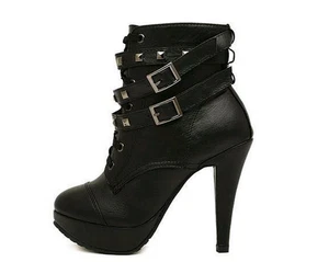 Damen Nieten Stilettos High Heels Damen Kreuzriemen Stiefeletten Gothic Punk - Bild 1 von 5