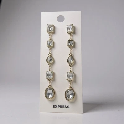 "Pendientes colgantes Express 4"" tono dorado piedras de vidrio facetado transparente nuevos con etiquetas" Foto 1 de 4