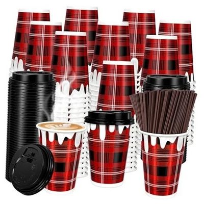 100 peças xícaras de café descartáveis de Natal com tampas e canudos 12 oz  - Imagem 1 de 4