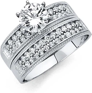 Conjunto de anillos de compromiso de diamantes creados de 5,2 quilates de oro blanco sólido de 14 quilates banda a juego - Imagen 1 de 6