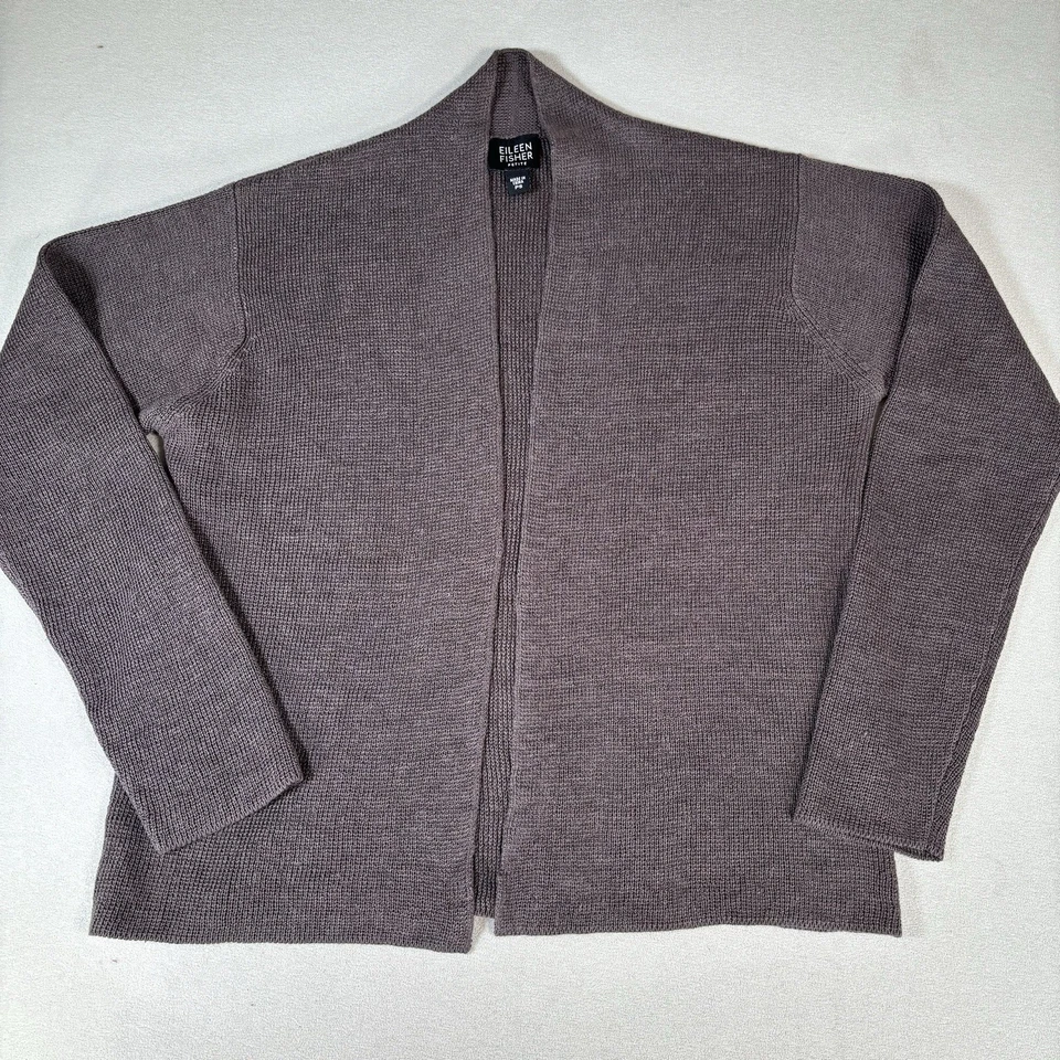 Cardigã Eileen Fisher Suéter Feminino Pequeno PS Cinza Linho Frente Aberta Malha Costela - Imagem 1 de 4